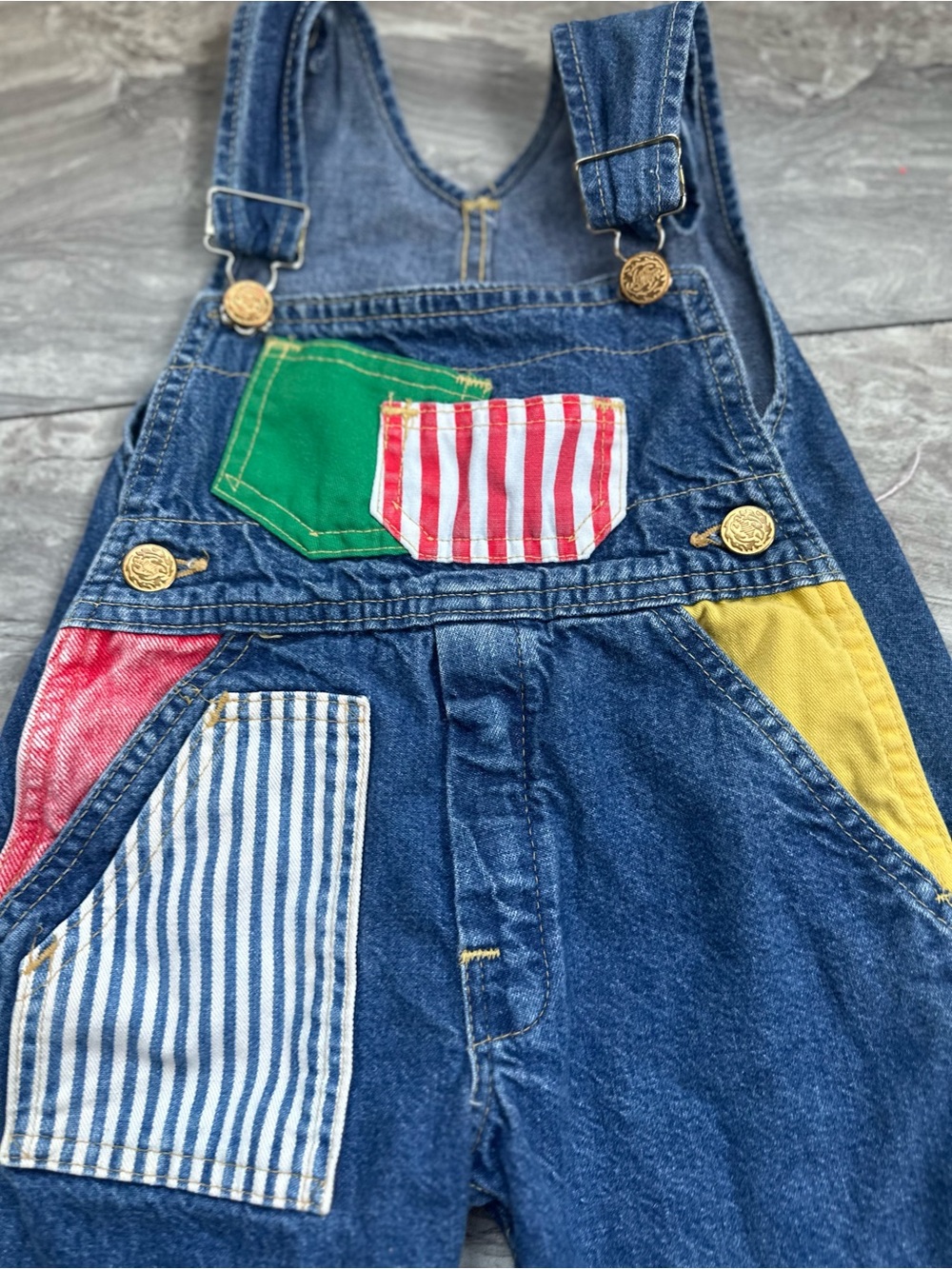 Vintage Kids 3T Denim Overalls Colorblock Patchwork Made USA Gold Hardware 0025 - Picture 2 of 5
